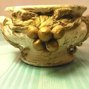 1960s Hollywood Regency Footed Bowl White & Gold Grapes Ribbon Planter 4.75"